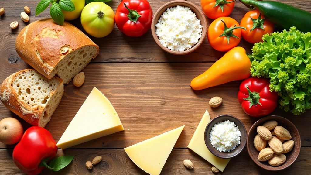 Skirtingi sveiki maisto produktai išdėstyti mediniu stalu — duona, šūris, daržovės ir vaisiai