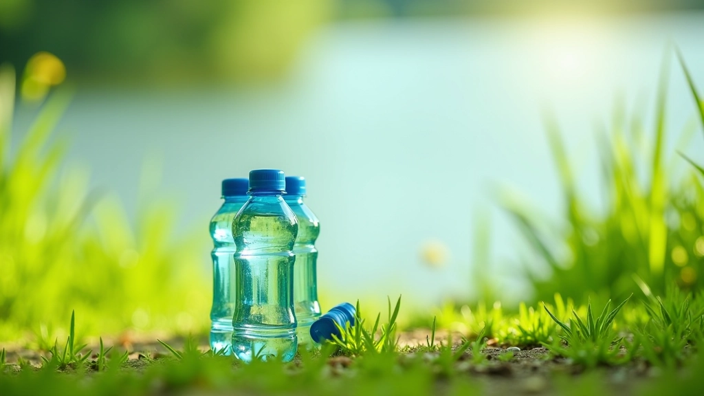 Kelios plastiko buteliai su vandeniu, stovintys ant žemės šalia ežero pakrantės, apsupta žalios žolės